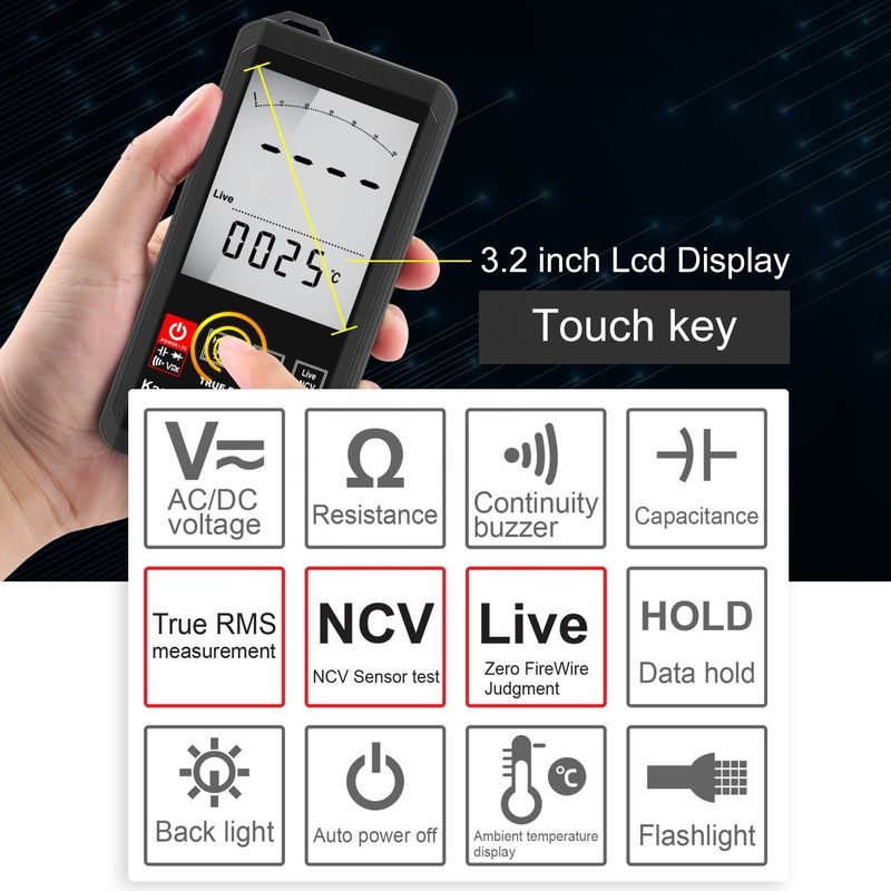 Büyük ekran Otomatik Çeşitli Dokunmatik Dijital Multimeter Gerçek RMS Dijital Multimeter AC DC Voltaj Mini Cep Multimetresi