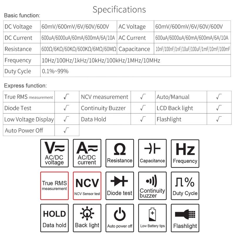 Çok fonksiyonel Cep Dijital Multimeter Elektrikçi Evrensel Meter Yüksek Hassasiyetli DC/AC NCV Gerçek RMS Multimeter Tester
